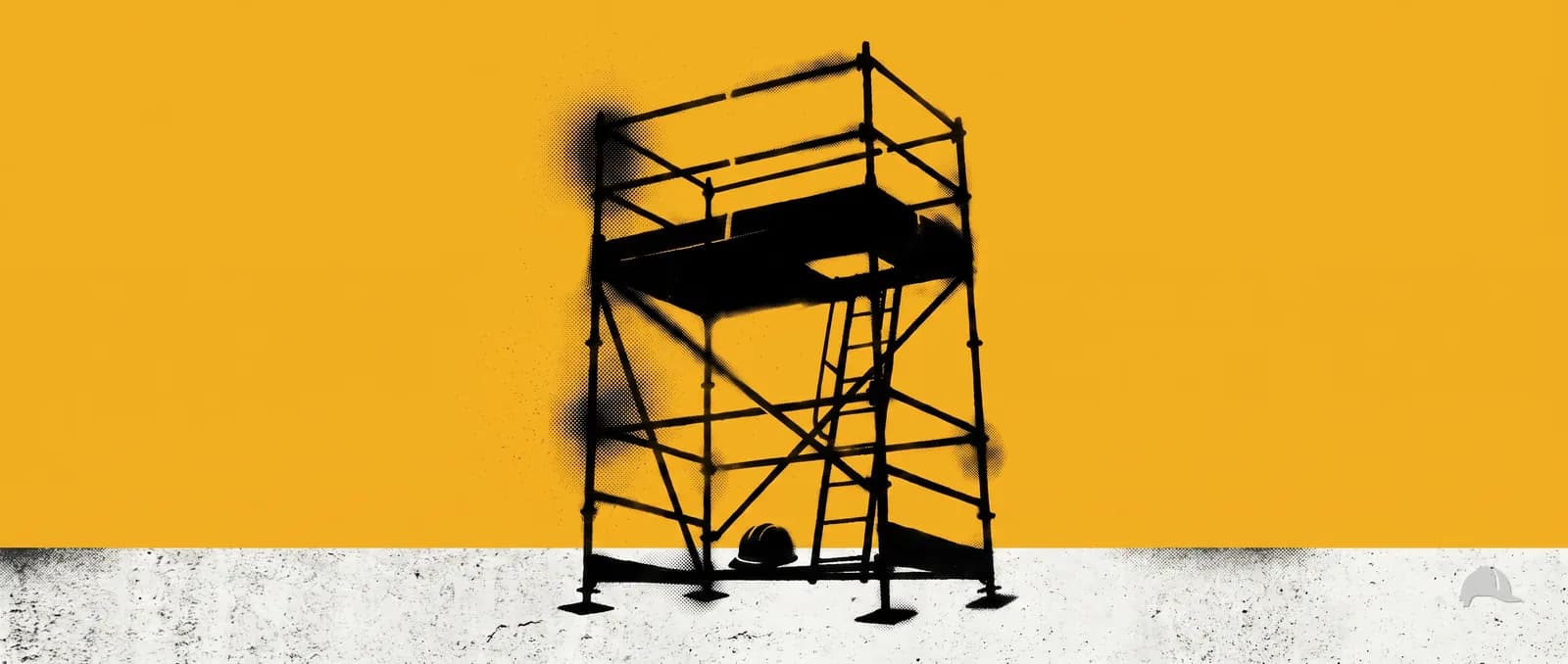 Stencil print of a scaffold tower with guardrails under a yellow sky